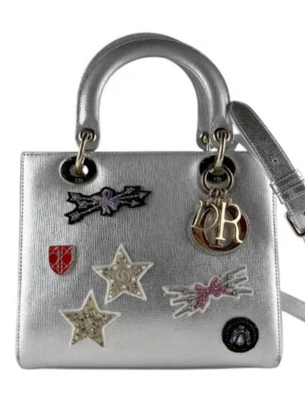 Auth Christian Dior Lady Dior Handbag Shoulder Bag Silver Leather - z9346